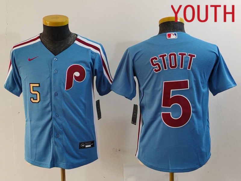 Youth Philadelphia Phillies #5 Stott Blue Throwback 2024 Nike MLB Jersey style 1